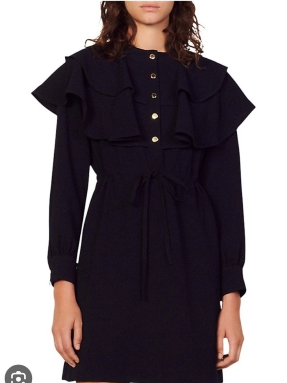 Sandro Navy Ruffle-Yoke Long Sleeve Drawstring Dress